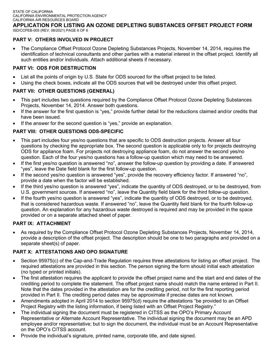Form ISD / CCPEB-005 Application for Listing an Ozone Depleting Substances Offset Project Form - California, Page 6