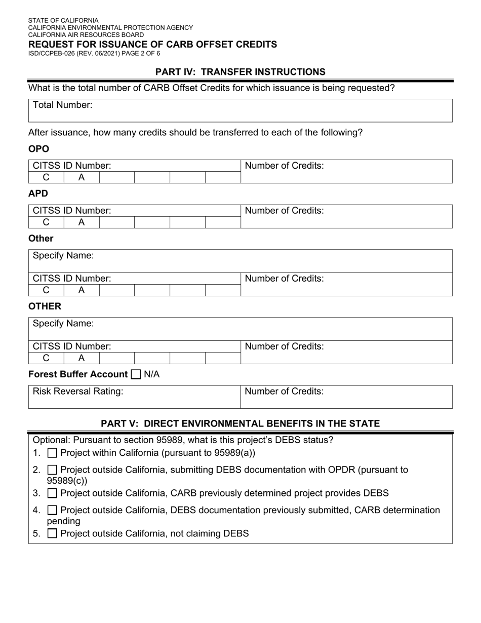 Form ISD / CCPEB-026 Request for Issuance of Carb Offset Credits - California, Page 2
