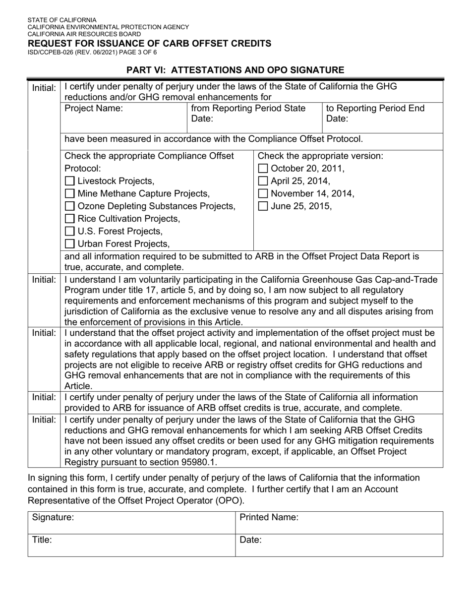 Form ISD / CCPEB-026 Request for Issuance of Carb Offset Credits - California, Page 3