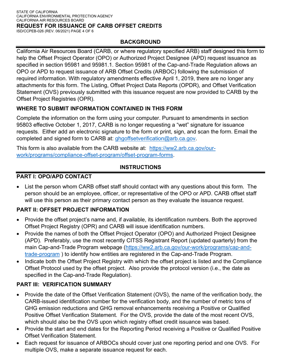 Form ISD / CCPEB-026 Request for Issuance of Carb Offset Credits - California, Page 4