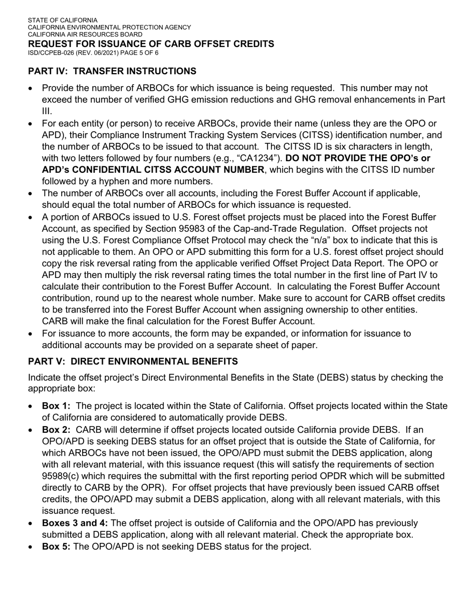 Form ISD / CCPEB-026 Request for Issuance of Carb Offset Credits - California, Page 5