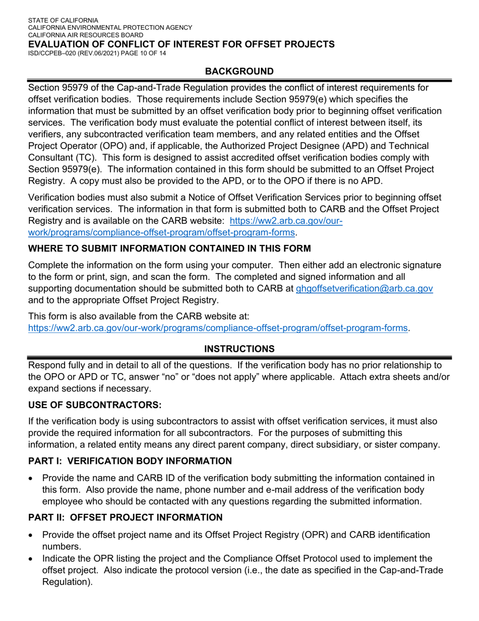 Form ISD / CCPEB-020 Evaluation of Conflict of Interest for Offset Projects - California, Page 10