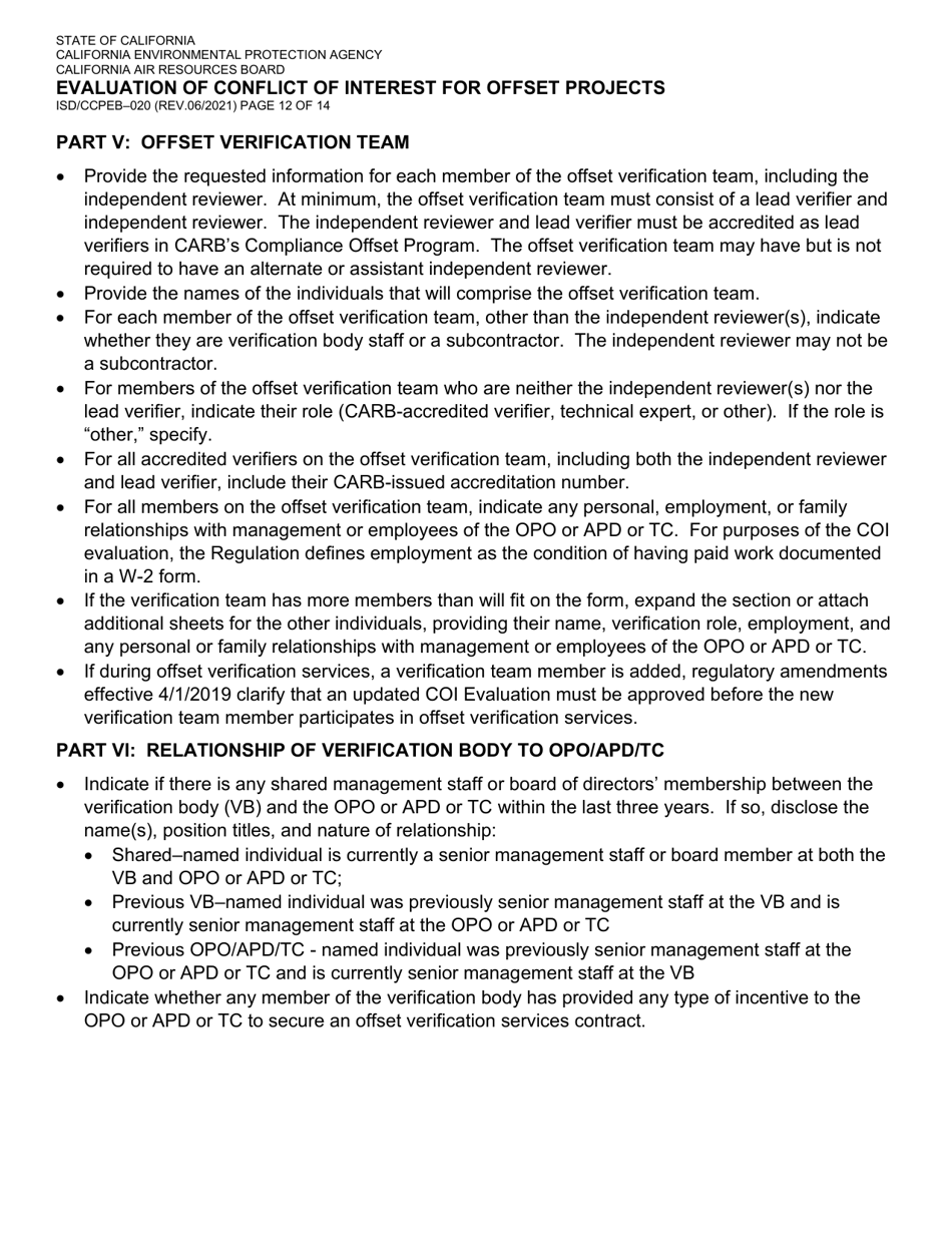 Form ISD / CCPEB-020 Evaluation of Conflict of Interest for Offset Projects - California, Page 12