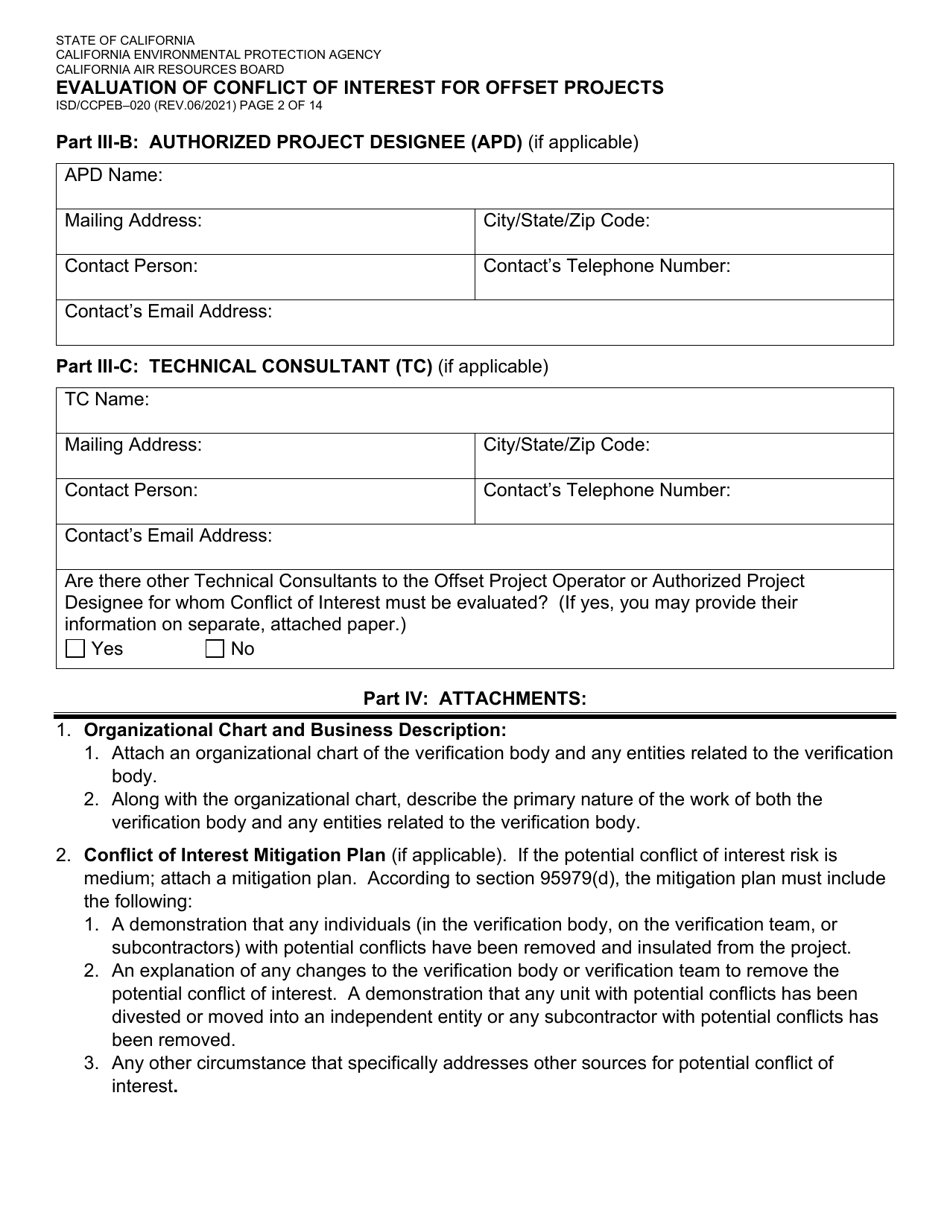 Form ISD / CCPEB-020 Evaluation of Conflict of Interest for Offset Projects - California, Page 2
