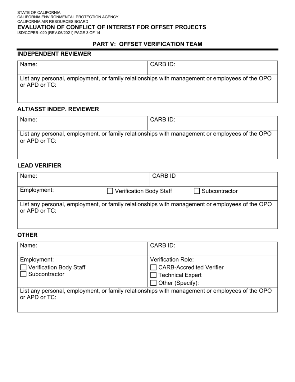Form ISD / CCPEB-020 Evaluation of Conflict of Interest for Offset Projects - California, Page 3
