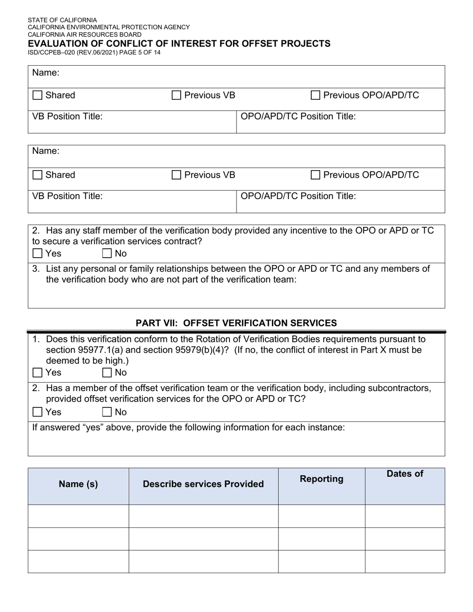 Form ISD / CCPEB-020 Evaluation of Conflict of Interest for Offset Projects - California, Page 5