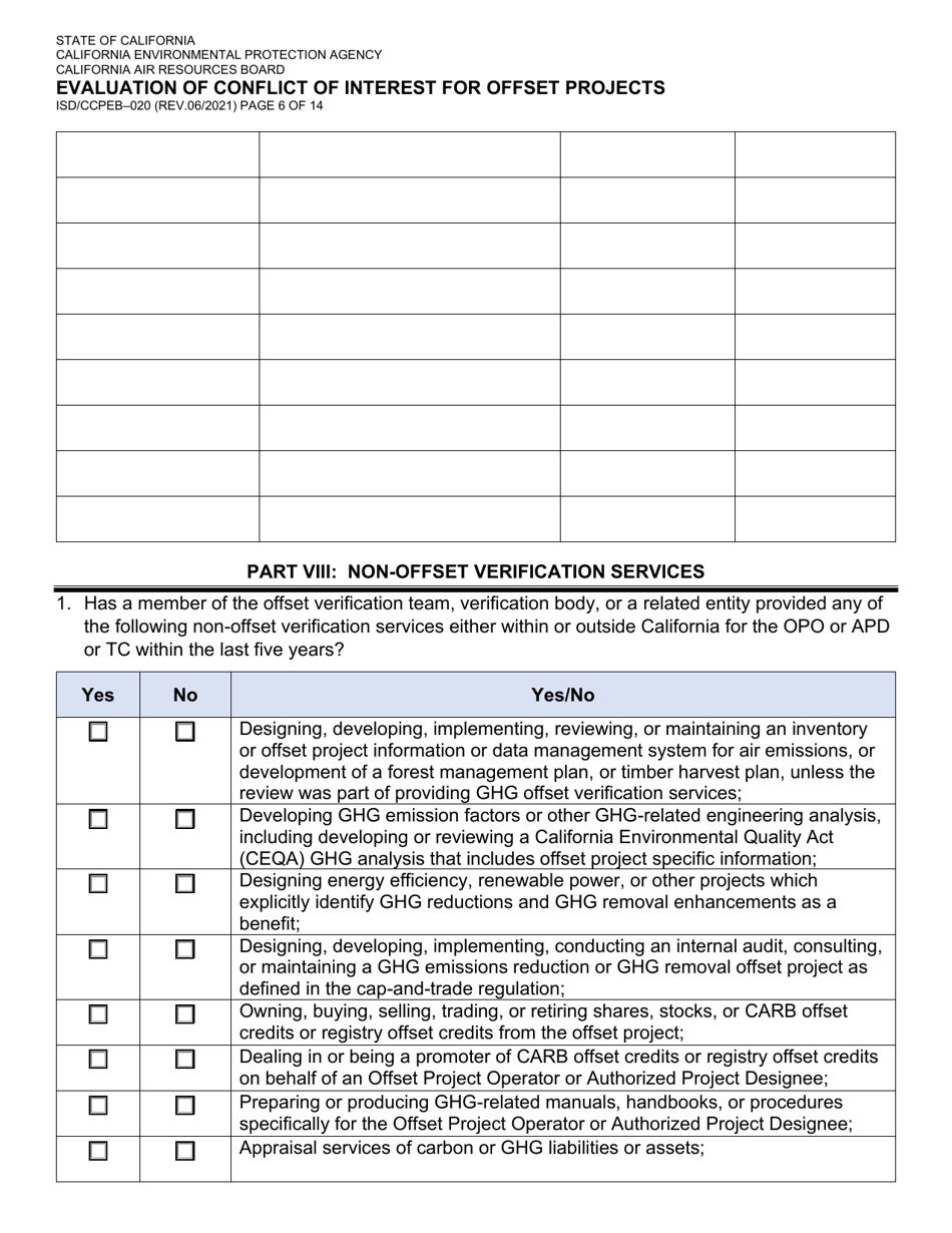 Form ISD / CCPEB-020 Evaluation of Conflict of Interest for Offset Projects - California, Page 6