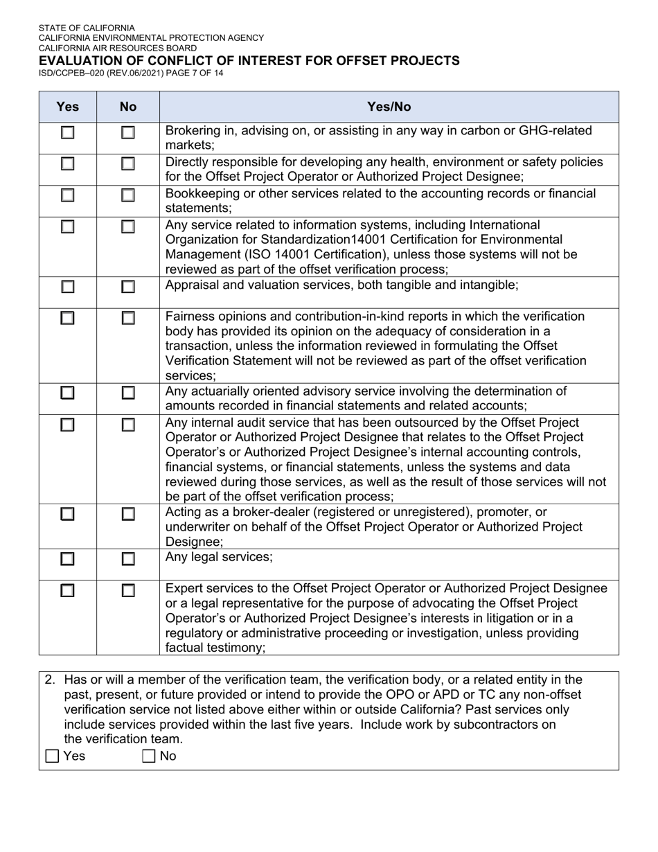 Form ISD / CCPEB-020 Evaluation of Conflict of Interest for Offset Projects - California, Page 7