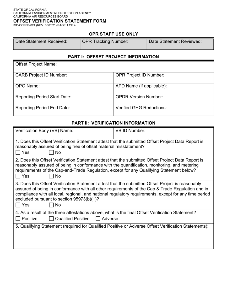 Form ISD / CCPEB-024 Offset Verification Statement Form - California, Page 1