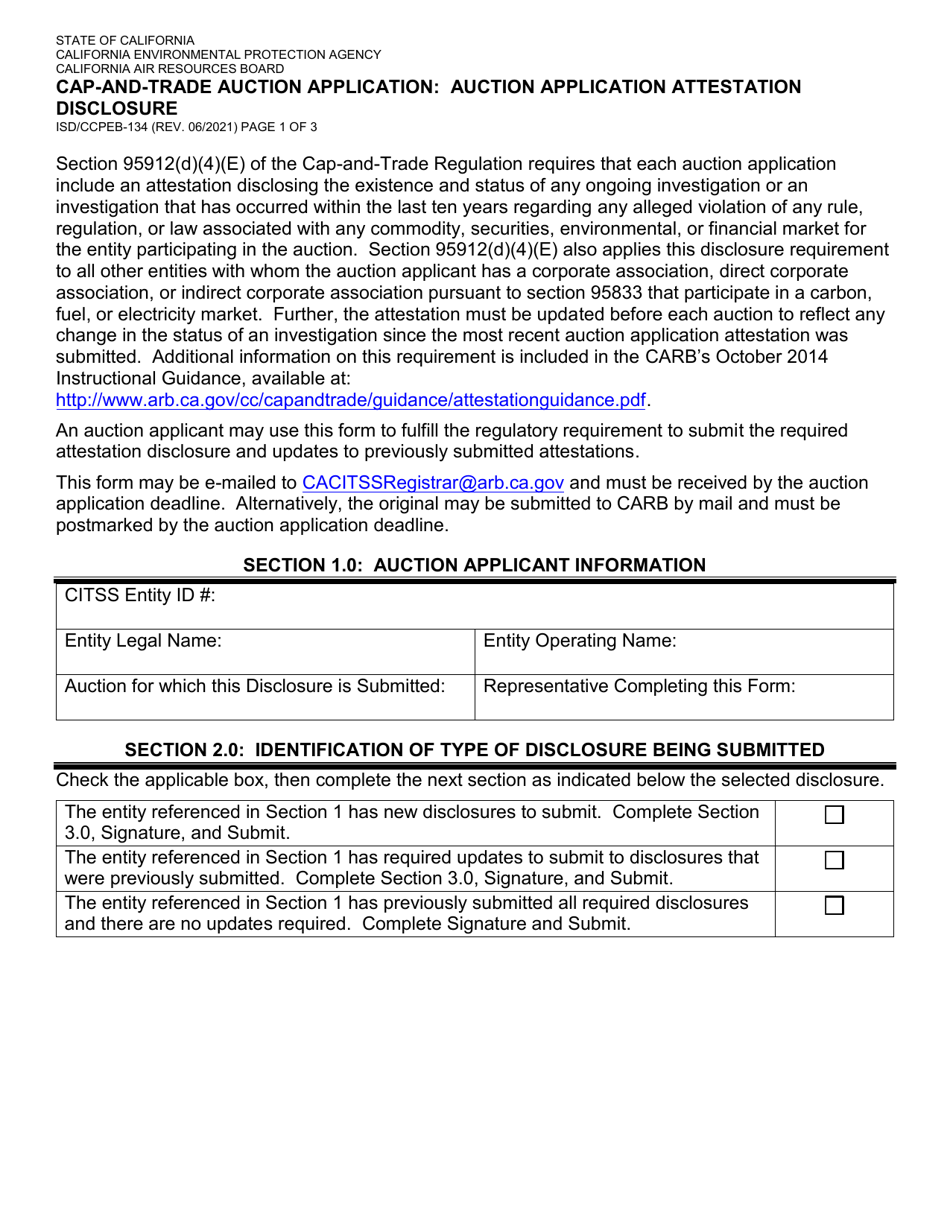 Form ISD / CCPEB-134 CAP-And-Trade Auction Application: Auction Application Attestation Disclosure - California, Page 1