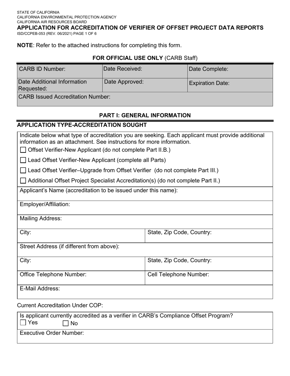 Form ISD / CCPEB-053 Application for Accreditation of Verifier of Offset Project Data Reports - California, Page 1
