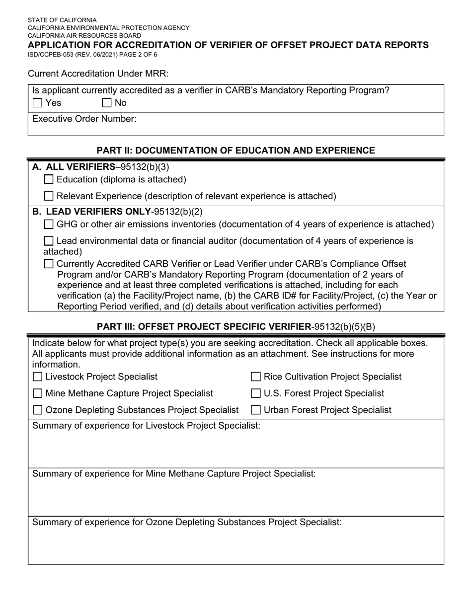 Form ISD / CCPEB-053 Application for Accreditation of Verifier of Offset Project Data Reports - California, Page 2