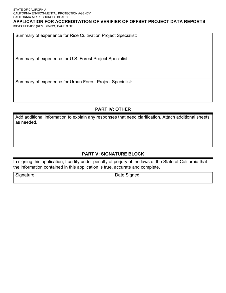 Form ISD / CCPEB-053 Application for Accreditation of Verifier of Offset Project Data Reports - California, Page 3