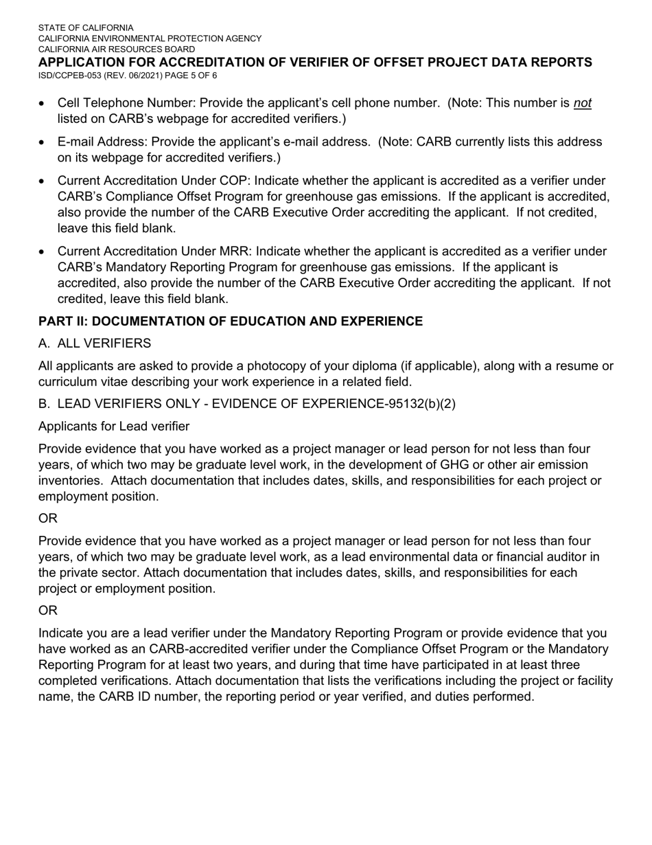 Form ISD / CCPEB-053 Application for Accreditation of Verifier of Offset Project Data Reports - California, Page 5
