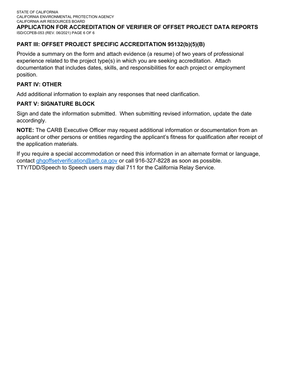 Form ISD / CCPEB-053 Application for Accreditation of Verifier of Offset Project Data Reports - California, Page 6