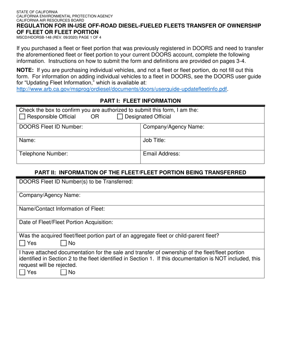 Form MSCD / HDORSB-148 Regulation for in-Use off-Road Diesel-Fueled Fleets Transfer of Ownership of Fleet or Fleet Portion - California, Page 1