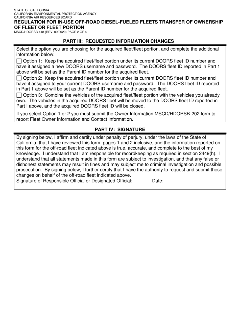 Form MSCD / HDORSB-148 Regulation for in-Use off-Road Diesel-Fueled Fleets Transfer of Ownership of Fleet or Fleet Portion - California, Page 2