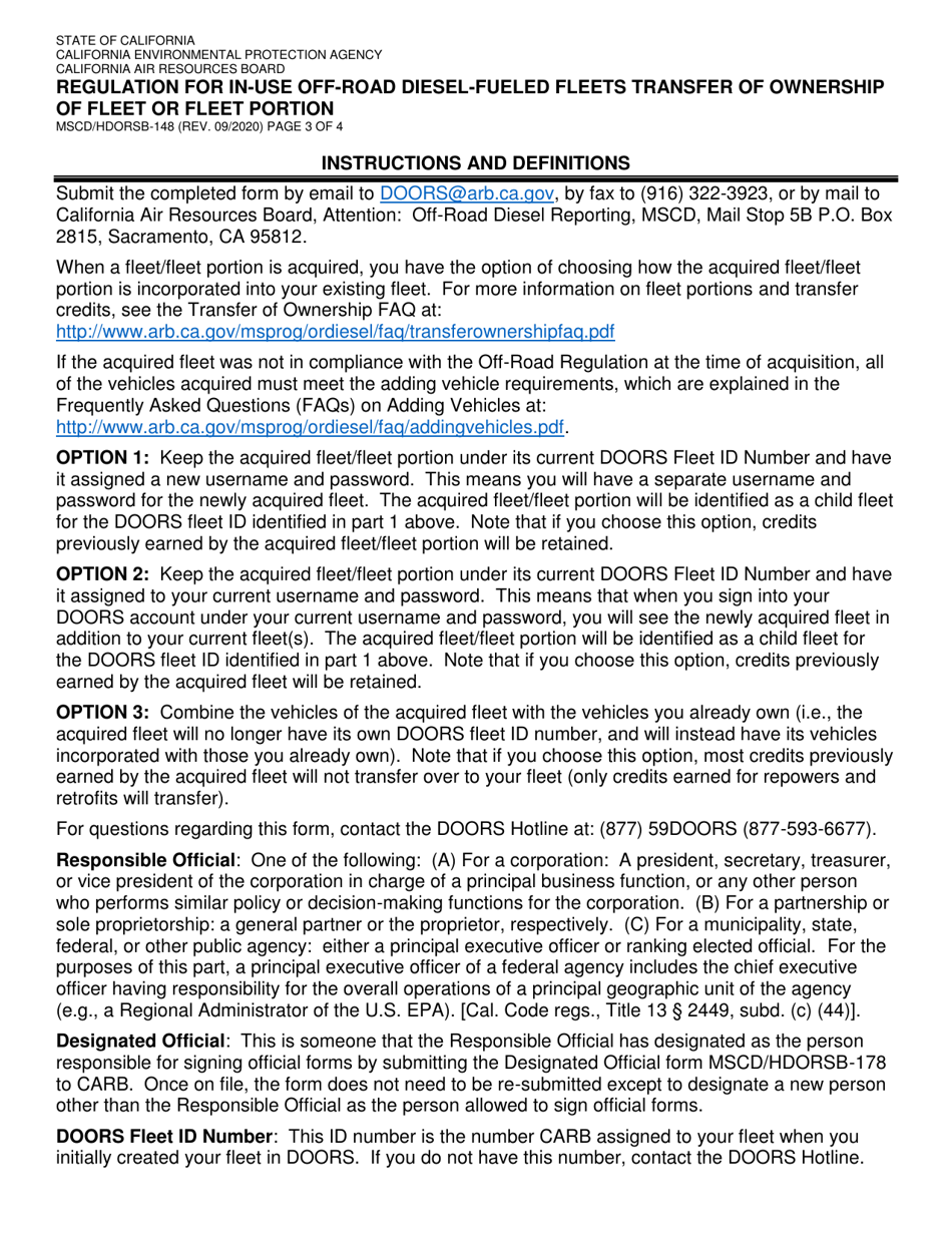 Form MSCD / HDORSB-148 Regulation for in-Use off-Road Diesel-Fueled Fleets Transfer of Ownership of Fleet or Fleet Portion - California, Page 3