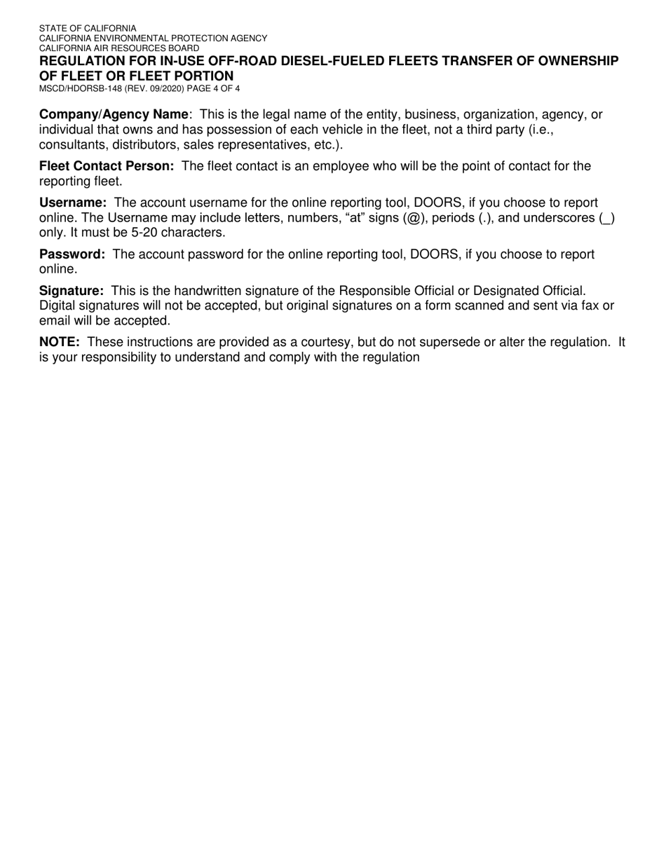 Form MSCD / HDORSB-148 Regulation for in-Use off-Road Diesel-Fueled Fleets Transfer of Ownership of Fleet or Fleet Portion - California, Page 4