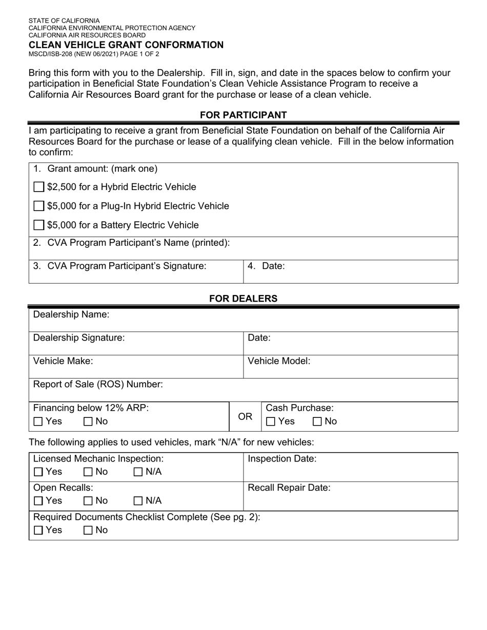Form MSCD / ISB-208 Clean Vehicle Grant Confirmation Form - California, Page 1