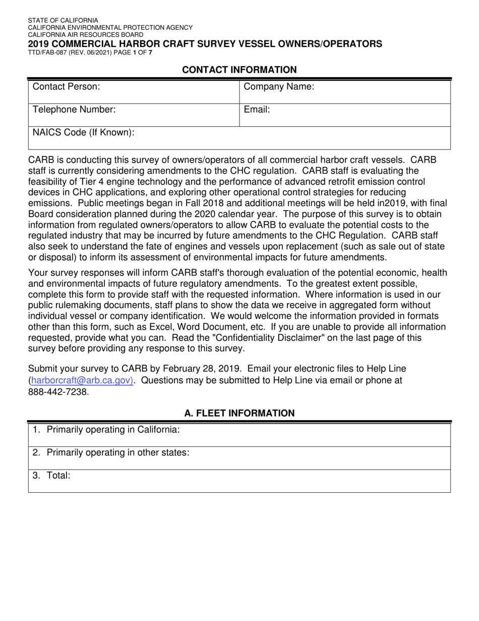 Form TTD / FAB-087 Commercial Harbor Craft Survey Vessel Owners / Operators - California, Page 1