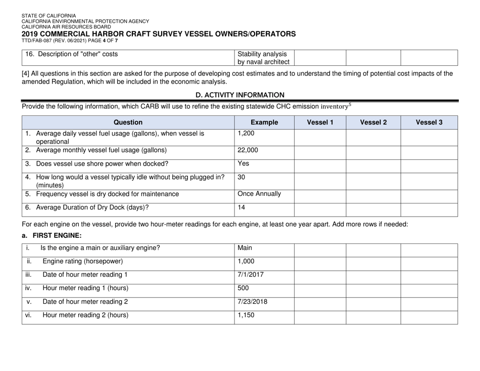 Form TTD / FAB-087 Commercial Harbor Craft Survey Vessel Owners / Operators - California, Page 4