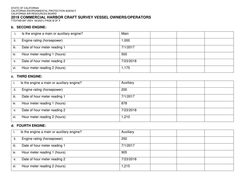 Form TTD / FAB-087 Commercial Harbor Craft Survey Vessel Owners / Operators - California, Page 5