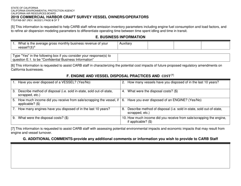 Form TTD / FAB-087 Commercial Harbor Craft Survey Vessel Owners / Operators - California, Page 6