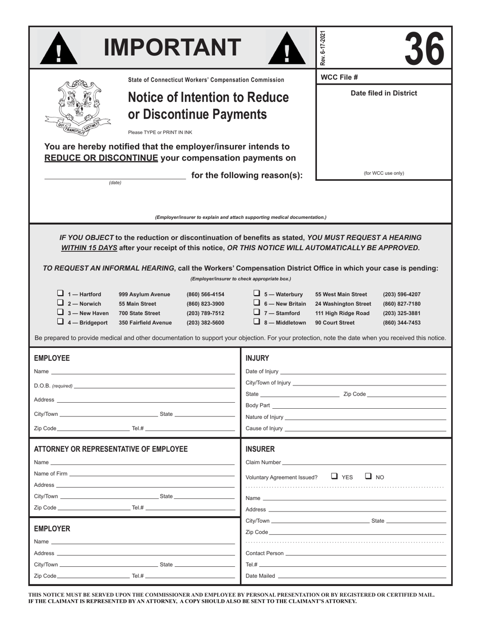 Form 36 Notice of Intention to Reduce or Discontinue Payments - Connecticut, Page 1