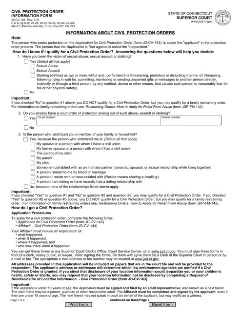 Form JD-CV-148 Civil Protection Order Information Form - Connecticut