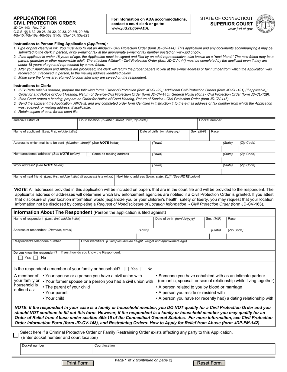 Form JD-CV-143 Download Fillable PDF or Fill Online Application for ...