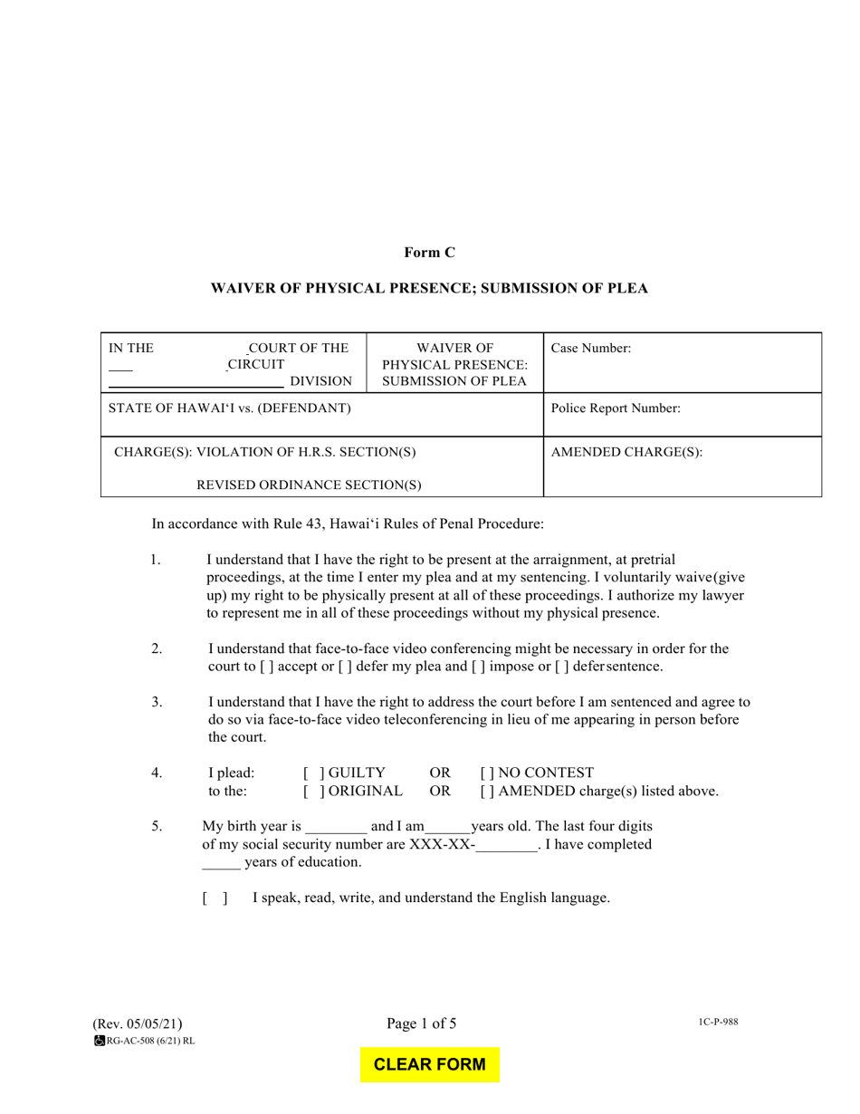 Form C (1C-P-988) Waiver of Physical Presence; Submission of Plea - Hawaii, Page 1