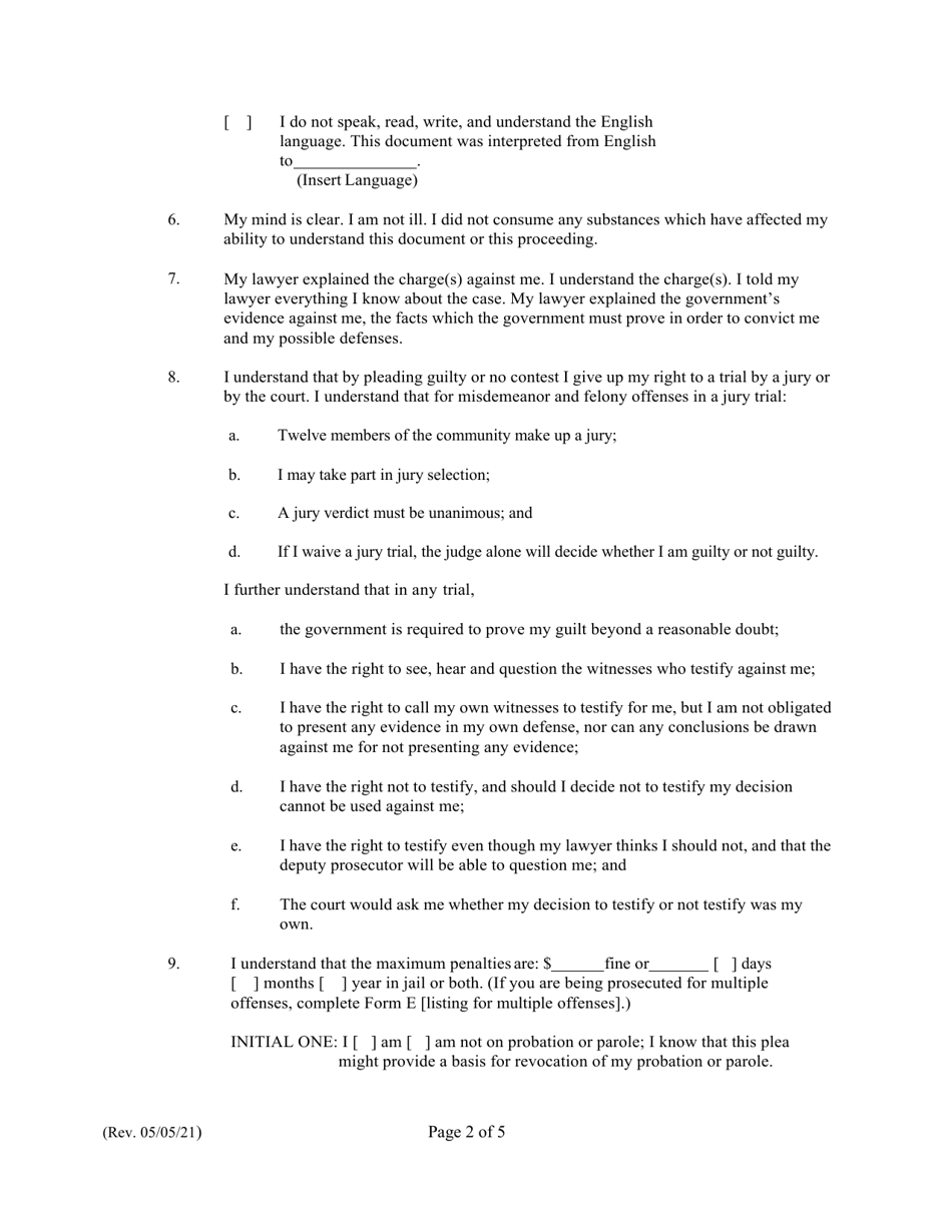Form C (1C-P-988) Waiver of Physical Presence; Submission of Plea - Hawaii, Page 2