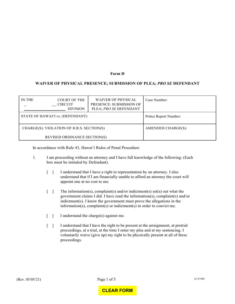 Form D (1C-P-989) Waiver of Physical Presence; Submission of Plea; Pro Se Defendant - Hawaii, Page 1