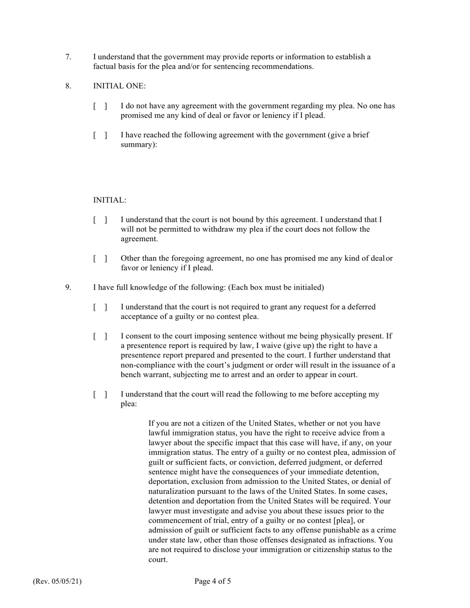 Form D (1C-P-989) Waiver of Physical Presence; Submission of Plea; Pro Se Defendant - Hawaii, Page 4