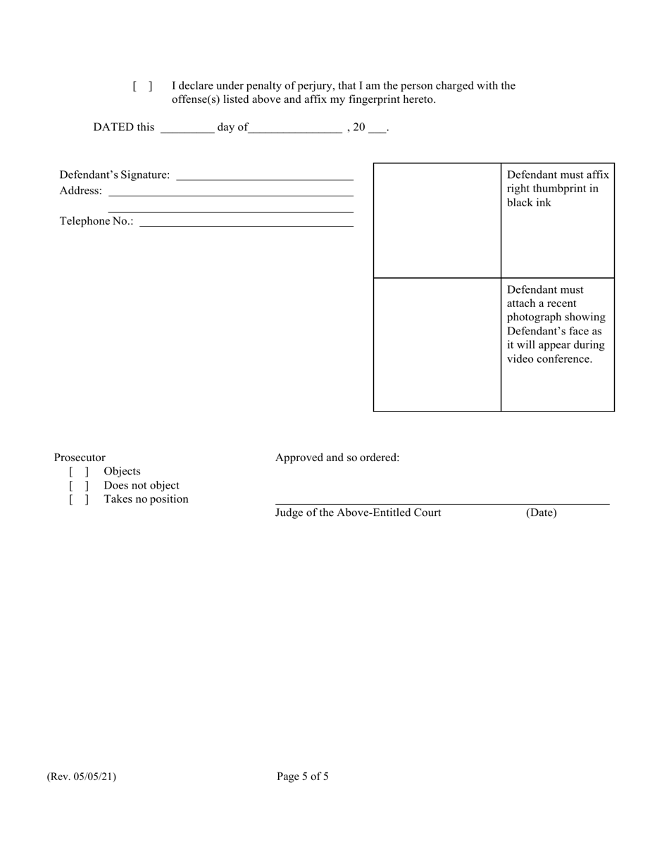Form D (1C-P-989) Waiver of Physical Presence; Submission of Plea; Pro Se Defendant - Hawaii, Page 5