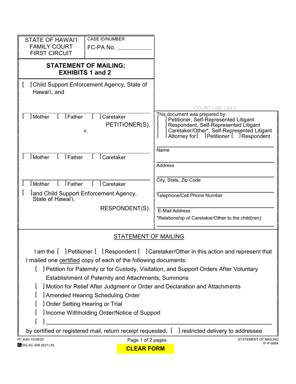 Form 1F-P-999A Statement of Mailing - Hawaii, Page 1