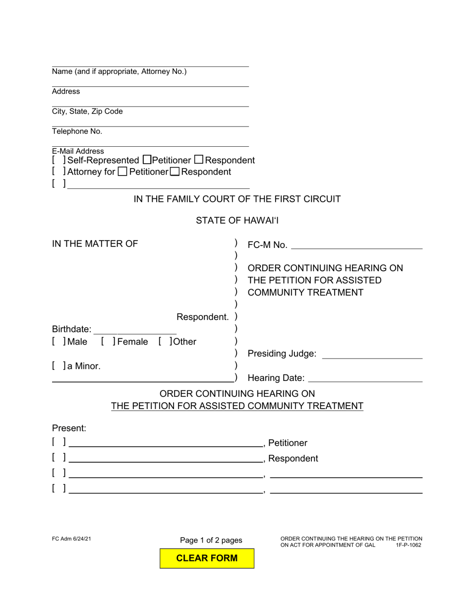 Form 1F-P-1061 Order Continuing Hearing on the Petition for Assisted Community Treatment - Hawaii, Page 1
