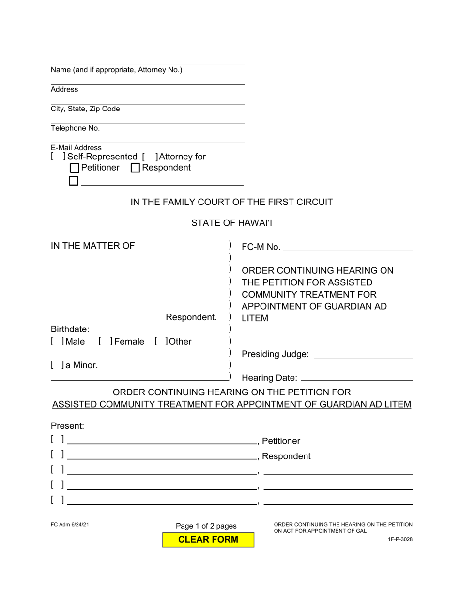 Form 1F-P-3028 Order Continuing Hearing on the Petition for Assisted Community Treatment for Appointment of Guardian Ad Litem - Hawaii, Page 1