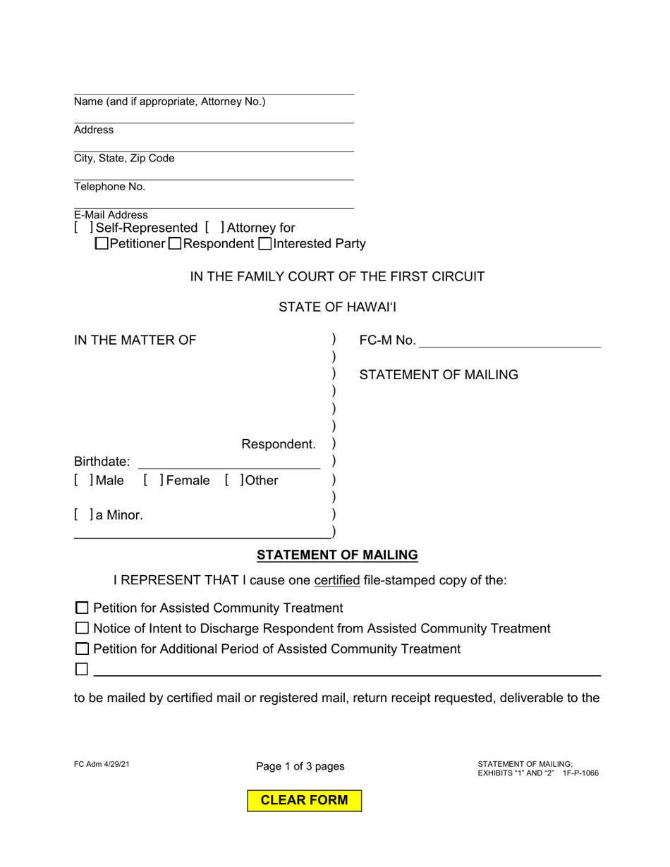 Form 1F-P-1066 Statement of Mailing - Hawaii, Page 1