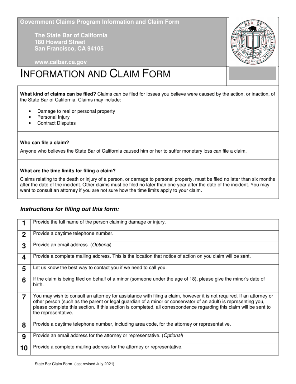 Government Claims Program Information and Claim Form - California, Page 1