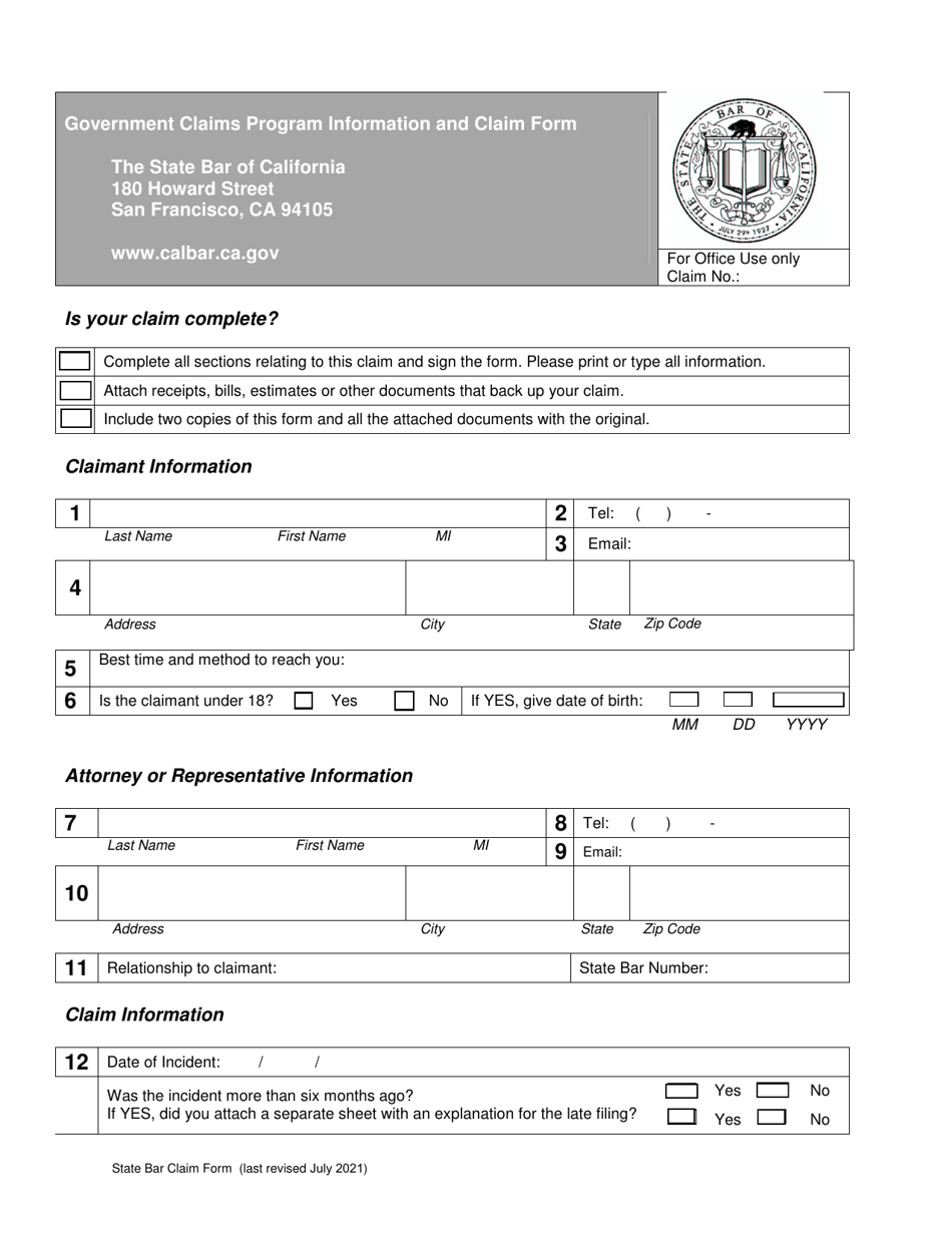 California Government Claims Program Information and Claim Form ...