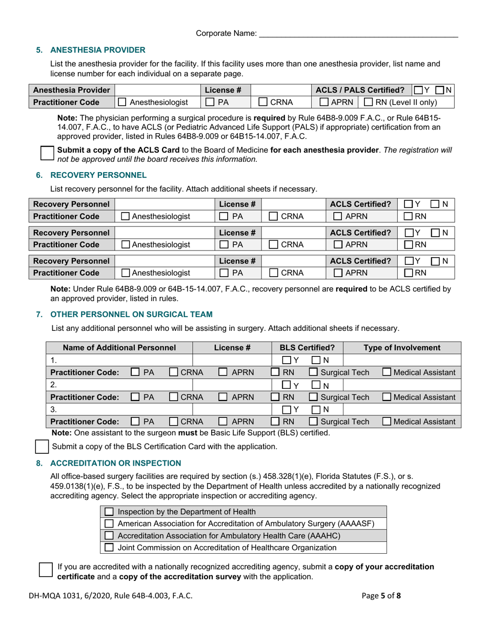 Form DH-MQA1031 Office Surgery Registration Application - Florida, Page 5