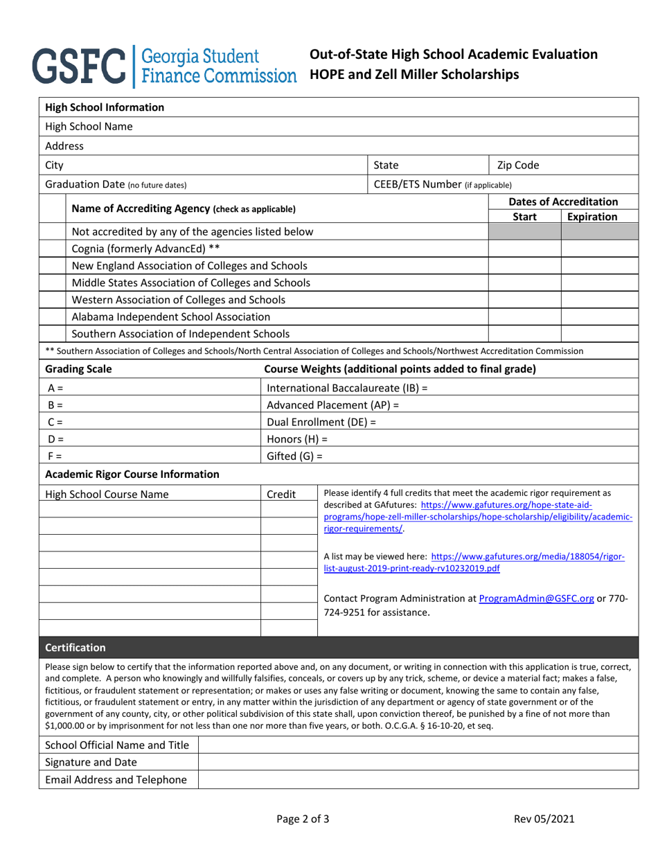 Out-of-State High School Academic Evaluation Hope and Zell Miller Scholarships - Georgia (United States), Page 2