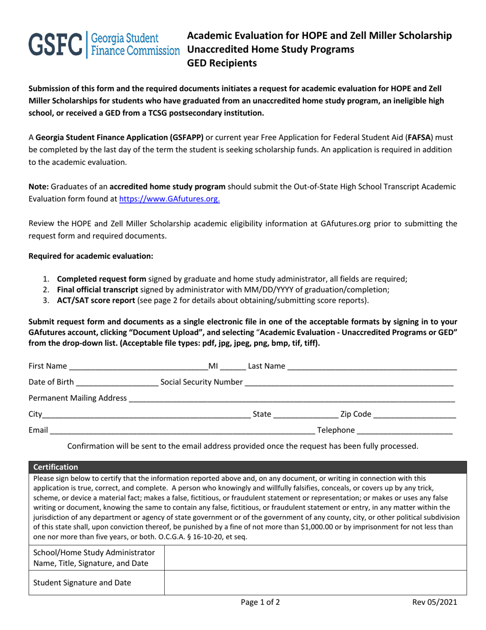 Academic Evaluation for Hope and Zell Miller Scholarship Unaccredited Home Study Programs Ged Recipients - Georgia (United States), Page 1
