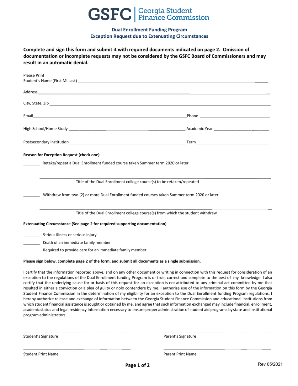 Dual Enrollment Funding Program Exception Request Due to Extenuating Circumstances - Georgia (United States), Page 1