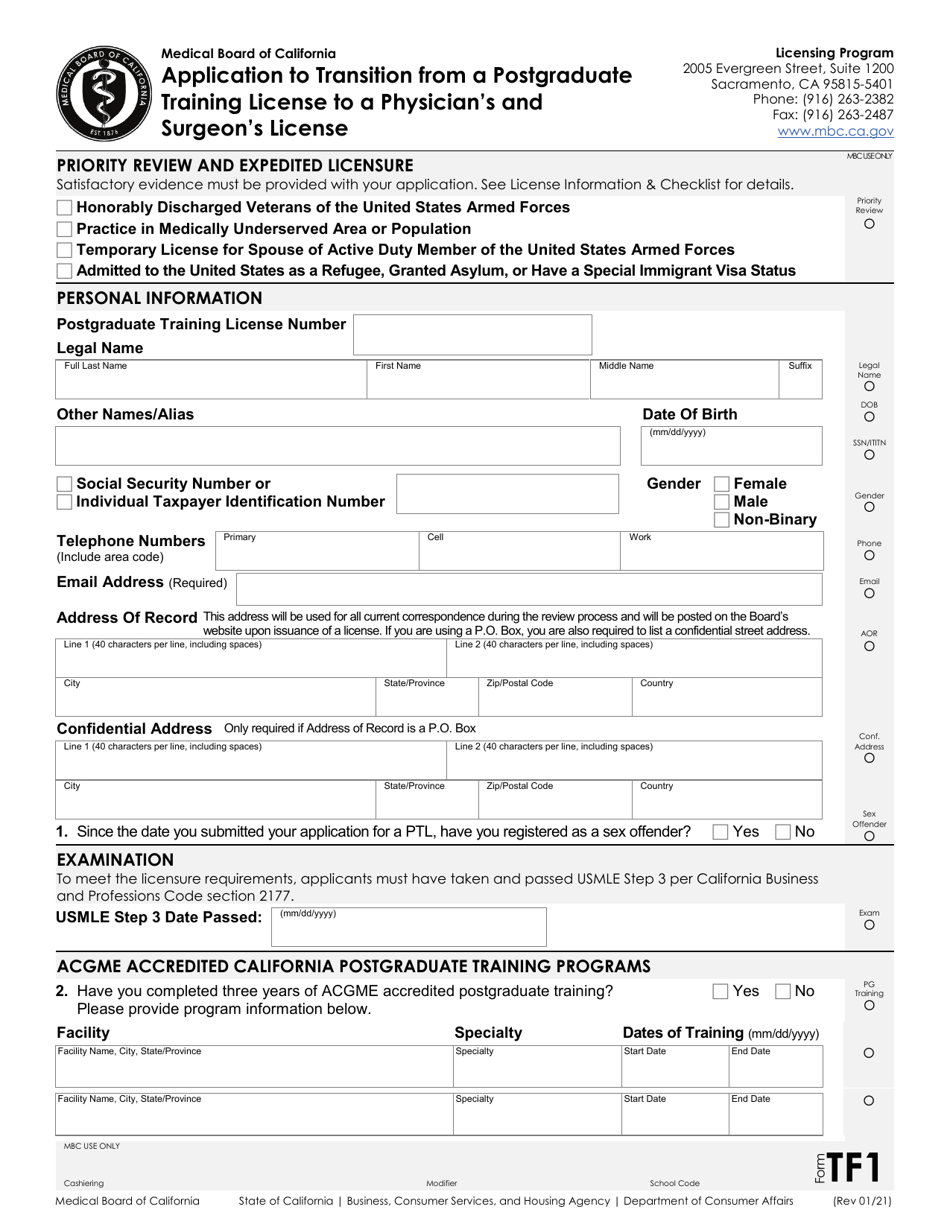 Form TF Application to Transition From a Postgraduate Training License to a Physicians and Surgeons License - California, Page 1
