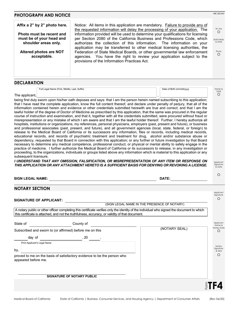 Form TF Application to Transition From a Postgraduate Training License to a Physicians and Surgeons License - California, Page 4