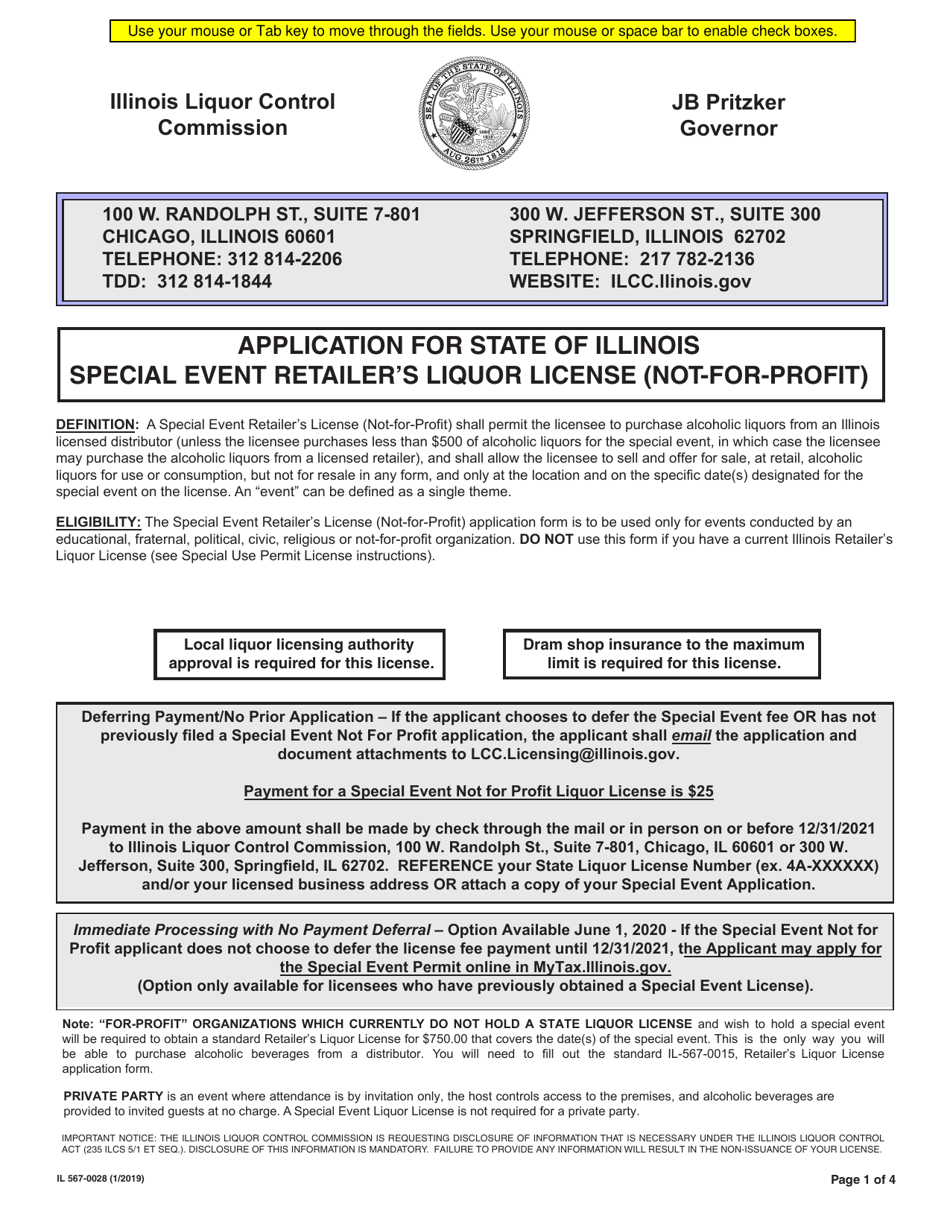 Form IL567-0028 Application for State of Illinois Special Event Retailers Liquor License (Not-For-Profit) - Illinois, Page 1