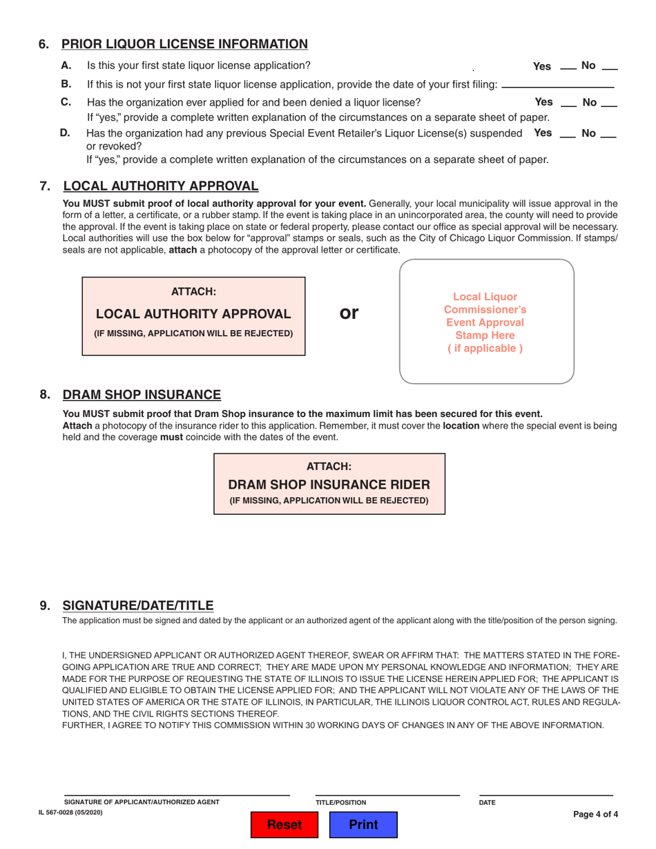 Form IL567-0028 Application for State of Illinois Special Event Retailers Liquor License (Not-For-Profit) - Illinois, Page 4